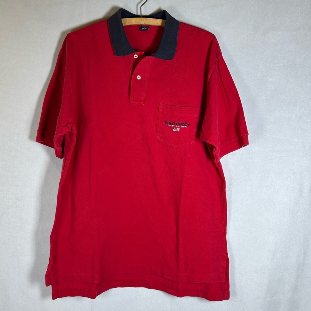 Vintage Polo Sport Ralph Lauren Polo Shirt Short Sleeve Red w Blue Collar Size L